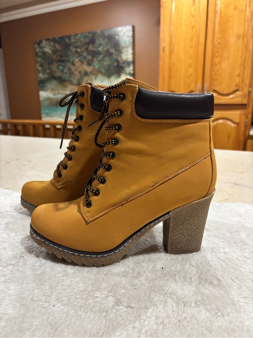 Nature Breeze Mustard Lace-Up Block Heel Ankle Boots